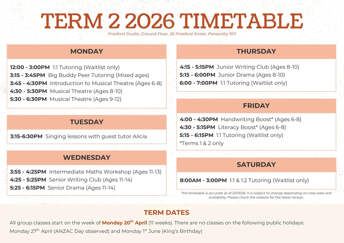 Term 2 2026 Prosford Studio Timetable